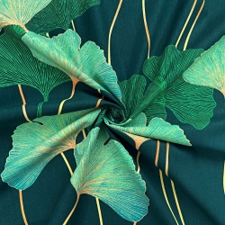 Baumwolle 100% Ginkgo-Blätter grün auf dunkelgrünem Hintergrund  