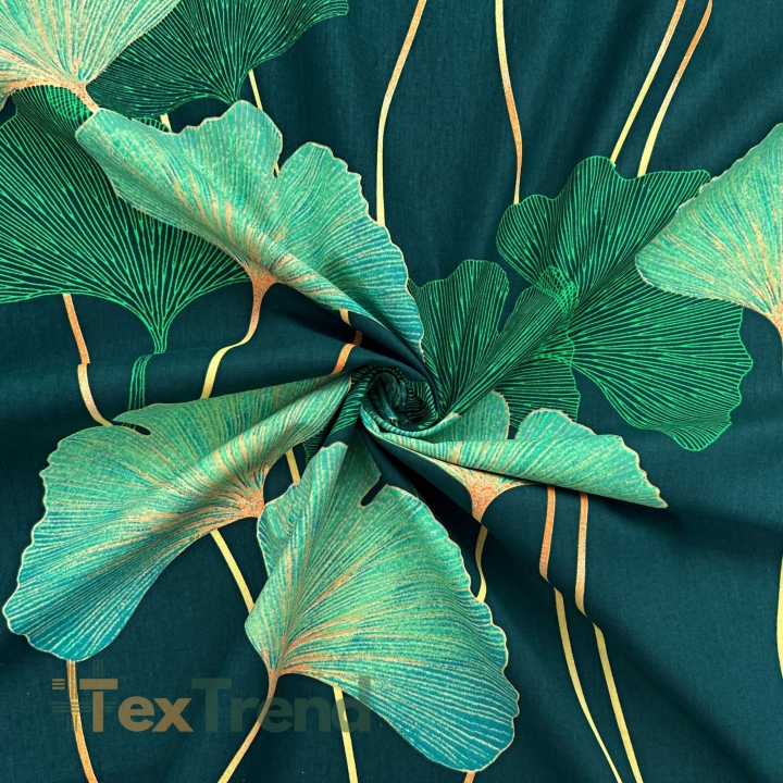Baumwolle 100% Ginkgo-Blätter grün auf dunkelgrünem Hintergrund  