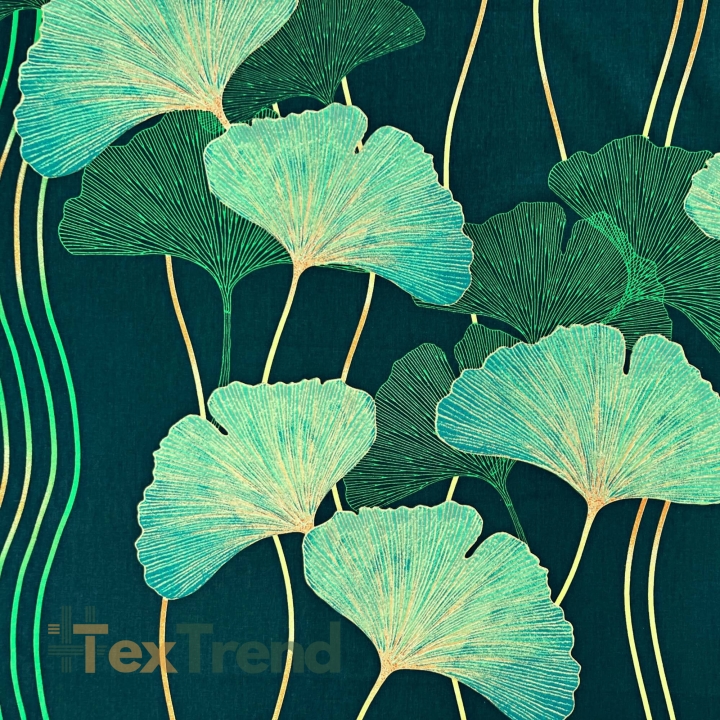 Baumwolle 100% Ginkgo-Blätter grün auf dunkelgrünem Hintergrund  