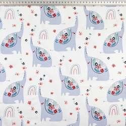100% Baumwolle mit blauen Elefanten und Blumen auf weißem Hintergrund  