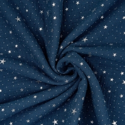 Musselin Double Gauze dunkelblau (Dark Navy) mit silbernen Sternen  