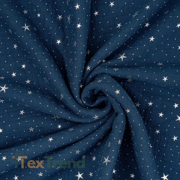 Musselin Double Gauze dunkelblau (Dark Navy) mit silbernen Sternen  