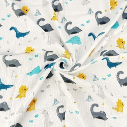 Musselin Double Gauze bedruckt mit grau-türkisen Dinosauriern  