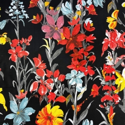 100% Baumwolle mit gelb-roten Blumen auf schwarzem Hintergrund - 220cm  