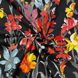 100% Baumwolle mit gelb-roten Blumen auf schwarzem Hintergrund - 220cm  