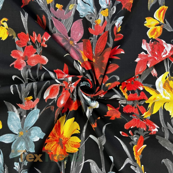 100% Baumwolle mit gelb-roten Blumen auf schwarzem Hintergrund - 220cm  