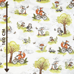 Baumwolle 100% Füchse auf Fahrrädern auf weißem Hintergrund  