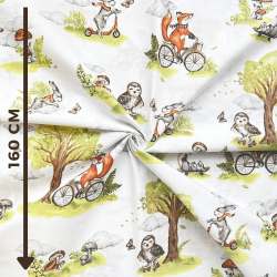 Baumwolle 100% Füchse auf Fahrrädern auf weißem Hintergrund  