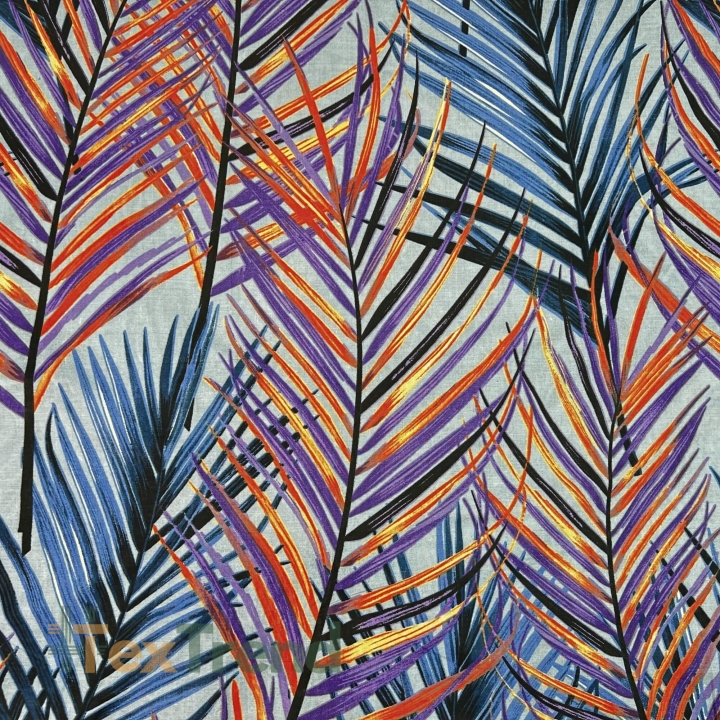 Baumwolle 100% orange-lila Blätter auf grauem Hintergrund - 220cm  