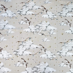 Baumwolle 100% Vögel Gänse in den Wolken auf beigem Hintergrund  