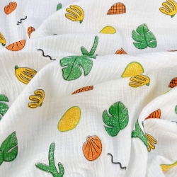 Musselin Double Gauze bedruckt mit tropischen Früchten  