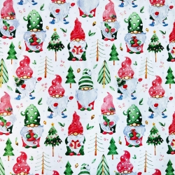 Baumwolle 100% Weihnachtsmuster Wichtel mit Tannen auf weißem Hintergrund  