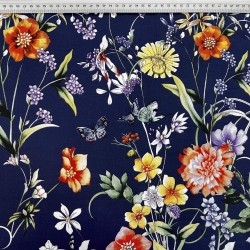 Baumwolle Satin gemustert Blumen orange auf dunkelblauem Hintergrund  