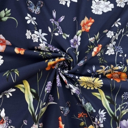 Baumwolle Satin gemustert Blumen orange auf dunkelblauem Hintergrund  