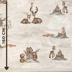 Baumwolle 100% Tiere auf einer Waldlichtung auf beigem Hintergrund  