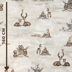 Baumwolle 100% Tiere auf einer Waldlichtung auf beigem Hintergrund  