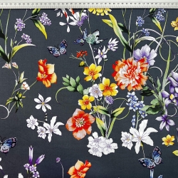 Baumwolle Satin gemustert Blumen orange auf graphitfarbenem Hintergrund  