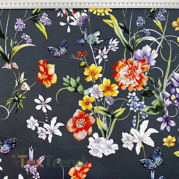 Baumwolle Satin gemustert Blumen orange auf graphitfarbenem Hintergrund  