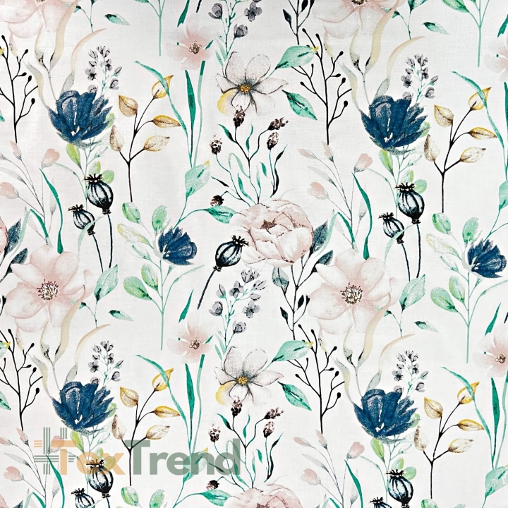 Baumwolle 100% Jeansrosa Blumen mit Zweigen  