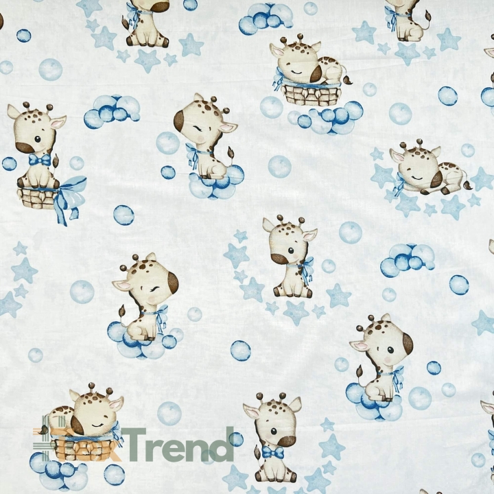 Baumwolle 100% Baby-Giraffen beige auf weiß-blauem Hintergrund  