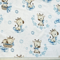 Baumwolle 100% Baby-Giraffen beige auf weiß-blauem Hintergrund  