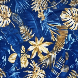 Baumwolle 100% große Blätter gold-saphir auf saphirfarbenem Hintergrund - 220cm  