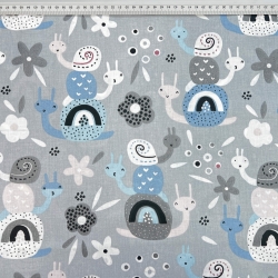 Baumwolle 100% Schnecken blau-grau auf grauem Hintergrund  