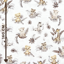 Baumwolle 100% afrikanische Tiere beige in tropischen Blättern auf weißem Hintergrund  