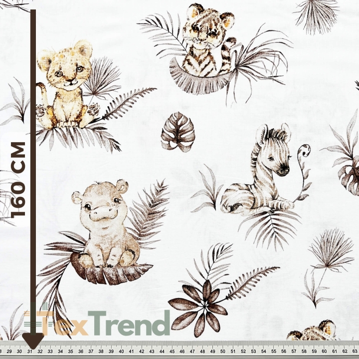 Baumwolle 100% afrikanische Tiere beige in tropischen Blättern auf weißem Hintergrund