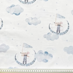 Baumwolle 100% Mäuse auf blauen Monden auf weißem Hintergrund  