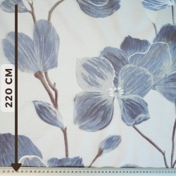 Baumwolle 100% große jeansfarbene Magnolienblüten auf hellgrauem Hintergrund - 220 cm  