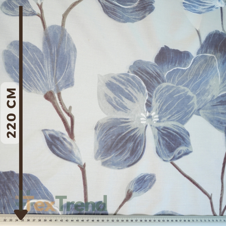 Baumwolle 100% große jeansfarbene Magnolienblüten auf hellgrauem Hintergrund - 220 cm  