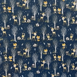 Baumwolle 100% Rehkitze und Mini-Tiere mit Bäumchen auf dunkelblauem Hintergrund  