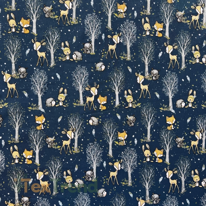 Baumwolle 100% Rehkitze und Mini-Tiere mit Bäumchen auf dunkelblauem Hintergrund  