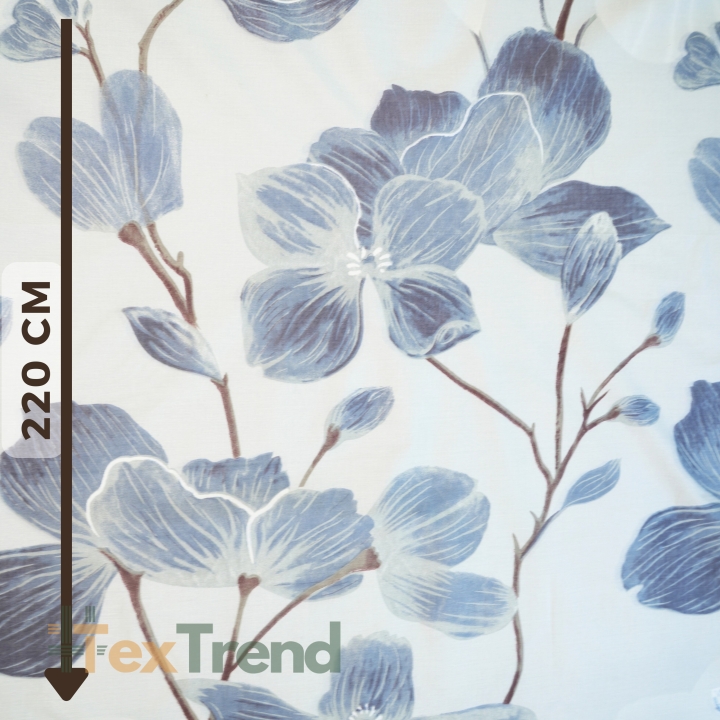 Baumwolle 100% große jeansfarbene Magnolienblüten auf hellgrauem Hintergrund - 220 cm  