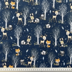 Baumwolle 100% Rehkitze und Mini-Tiere mit Bäumchen auf dunkelblauem Hintergrund  