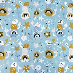 Baumwolle 100% Schnecken blau-senfgelb auf blauem Hintergrund  