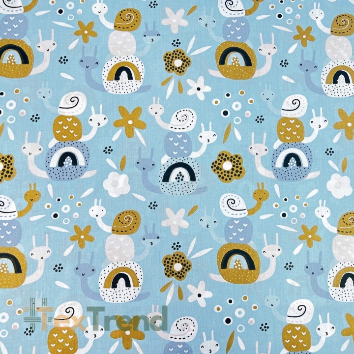 Baumwolle 100% Schnecken blau-senfgelb auf blauem Hintergrund  