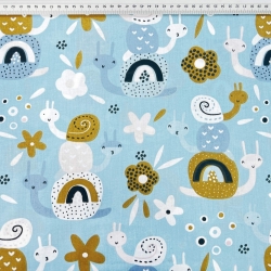 Baumwolle 100% Schnecken blau-senfgelb auf blauem Hintergrund  