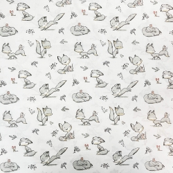 Baumwolle 100% Füchse und Mäuse grau auf weißem Hintergrund  