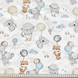 Baumwolle 100% Tiere mit blau-beigen Ballons auf weißem Hintergrund
