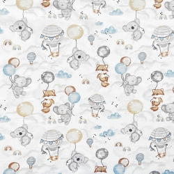 Baumwolle 100% Tiere mit blau-beigen Ballons auf weißem Hintergrund
