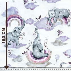Baumwolle 100% Elefanten lila rosa mit Regenbogen auf weißem Hintergrund  