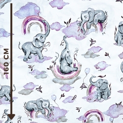 Baumwolle 100% Elefanten lila rosa mit Regenbogen auf weißem Hintergrund  