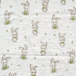 Doppel-Gaze Musselin bedruckt mit Kaninchen auf weißem Hintergrund  