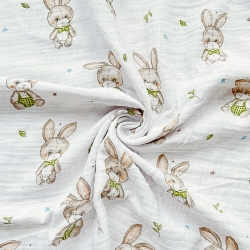 Doppel-Gaze Musselin bedruckt mit Kaninchen auf weißem Hintergrund  