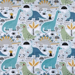 Baumwolle 100% große türkisfarbene Dinosaurier auf blauem Hintergrund  