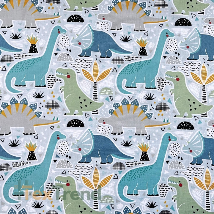 Baumwolle 100% große türkisfarbene Dinosaurier auf blauem Hintergrund  