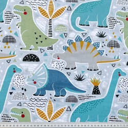 Baumwolle 100% große türkisfarbene Dinosaurier auf blauem Hintergrund  