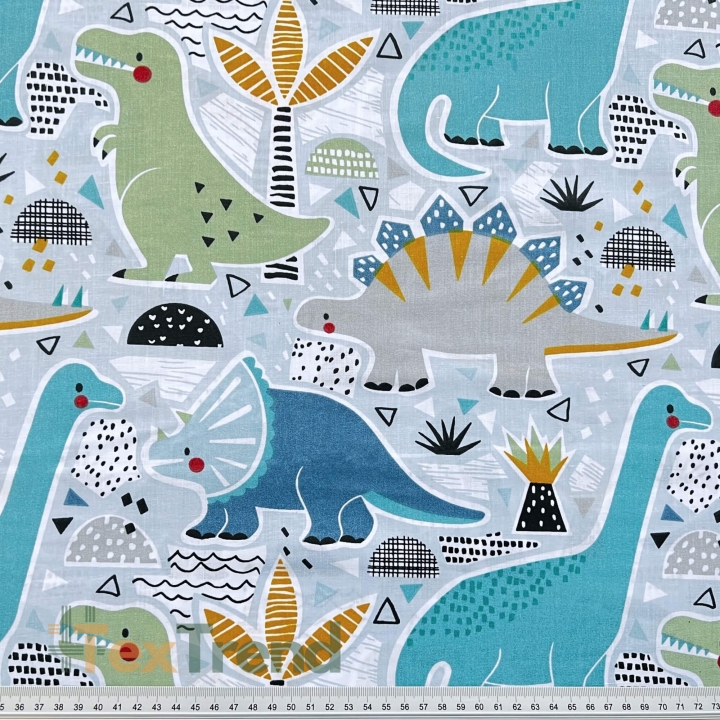 Baumwolle 100% große türkisfarbene Dinosaurier auf blauem Hintergrund  